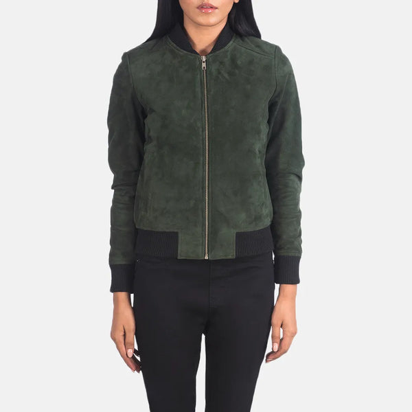 Stylish black and green suede jacket women.