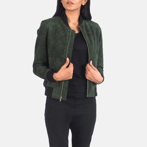 Stylish black and green suede jacket women.