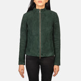 A fashionable green suede jacket women's with stylish sleeve zippers.
