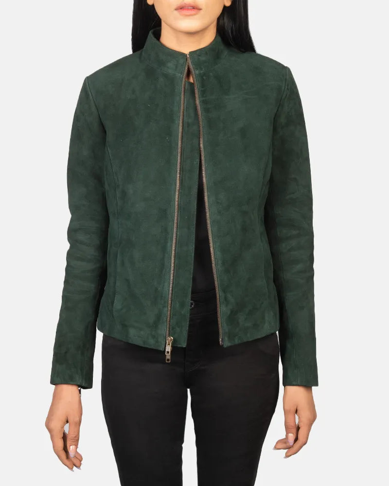 A fashionable green suede jacket women's with stylish sleeve zippers.