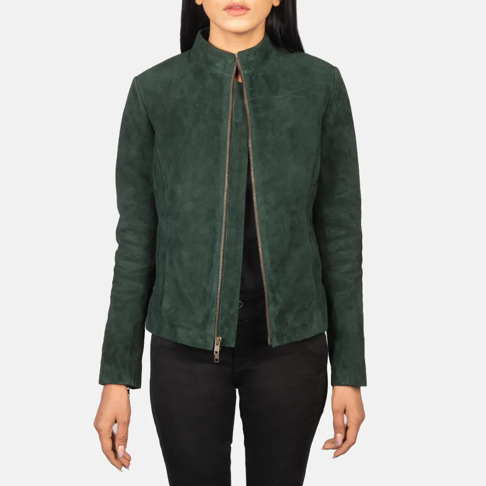 A fashionable green suede jacket women's with stylish sleeve zippers.