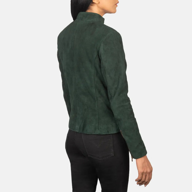 A fashionable green suede jacket women's with stylish sleeve zippers.