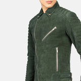 A stylish green suede jacket, perfect for adding a touch of sophistication to any outfit.
