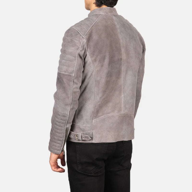 Grey suede jacket for men featuring trendy zipper accents on sleeves.