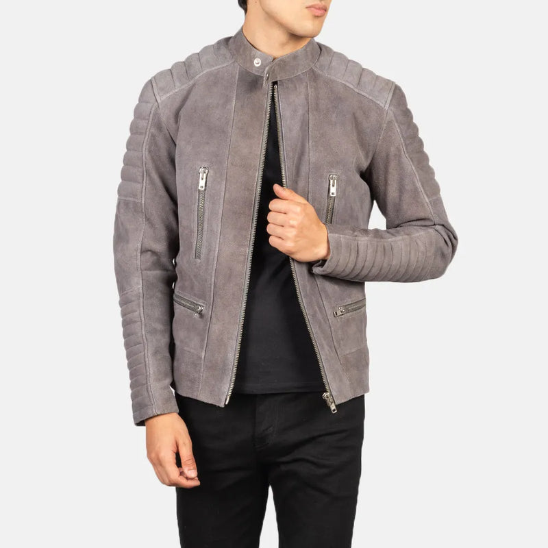 Grey suede jacket for men featuring trendy zipper accents on sleeves.