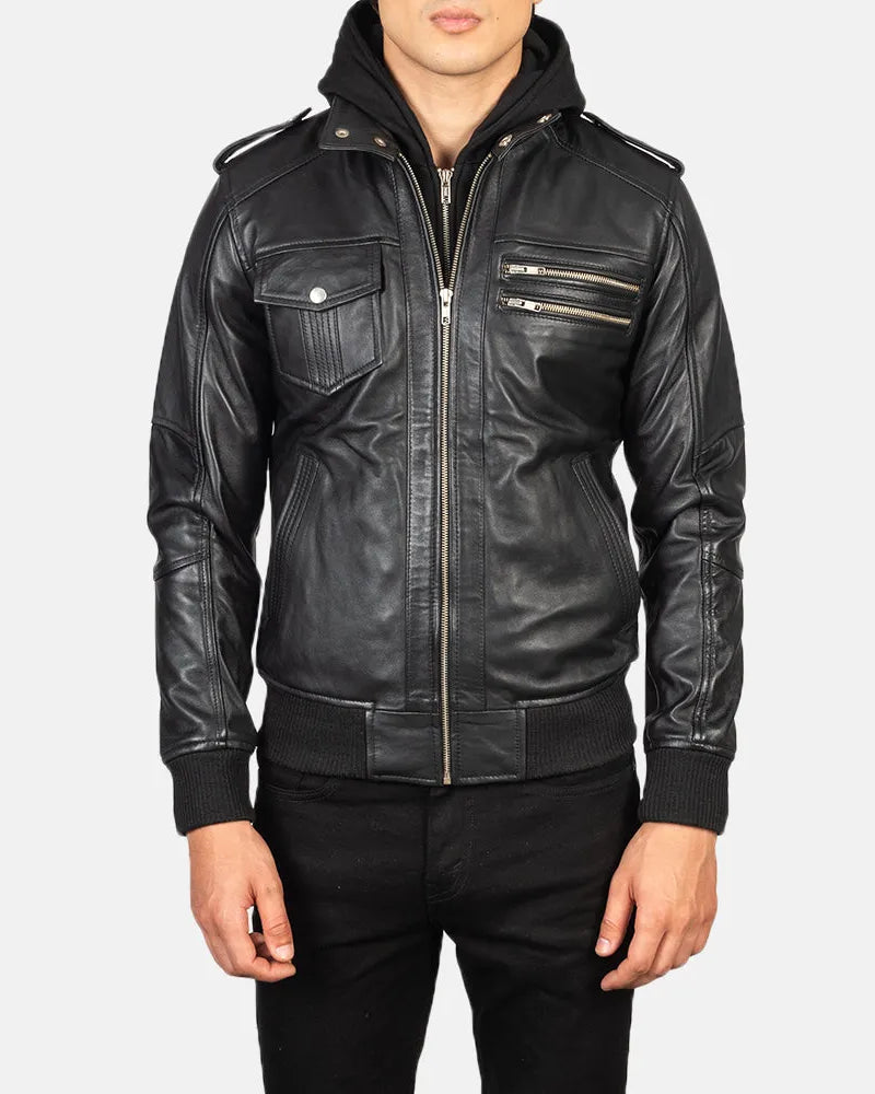 Luxurious genuine leather black hooded bomber jacket, perfect for a stylish and edgy look.