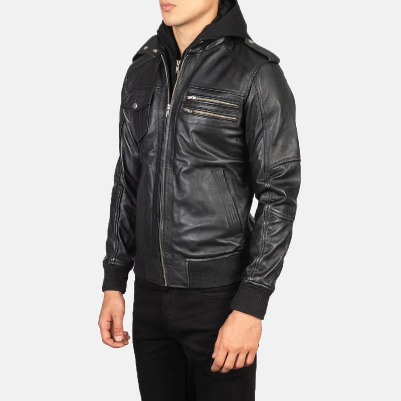 Luxurious genuine leather black hooded bomber jacket, perfect for a stylish and edgy look.