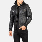 Luxurious genuine leather black hooded bomber jacket, perfect for a stylish and edgy look.