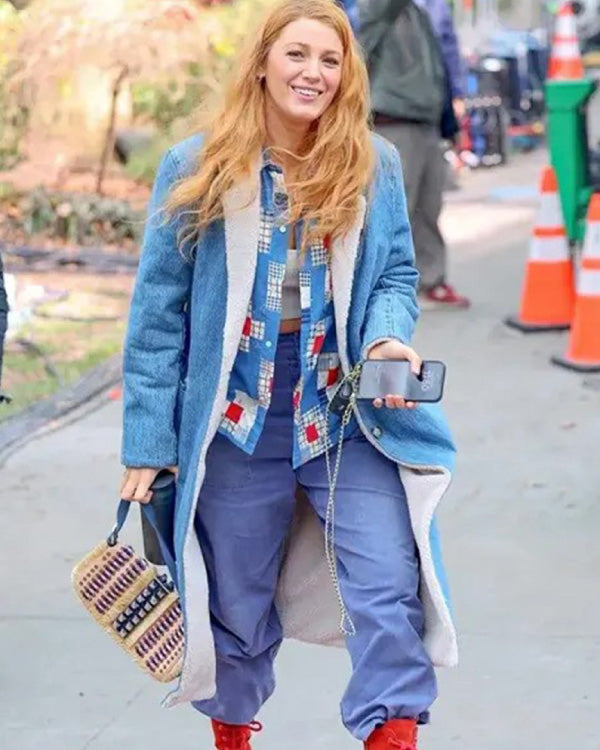 It Ends With Us 2024 Blake Lively Denim Shearling Coat