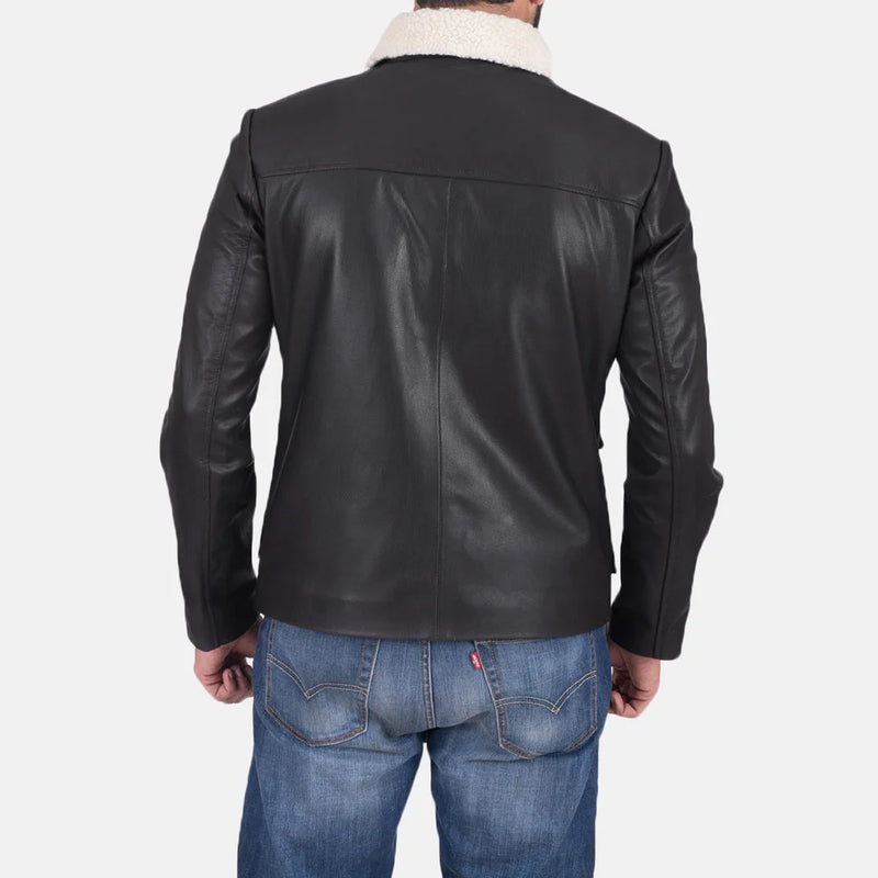 Stylish black leather jacket with shearling collar, perfect for staying warm and looking cool.