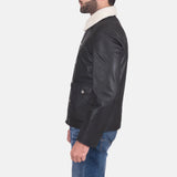 Stylish black leather jacket with shearling collar, perfect for staying warm and looking cool.