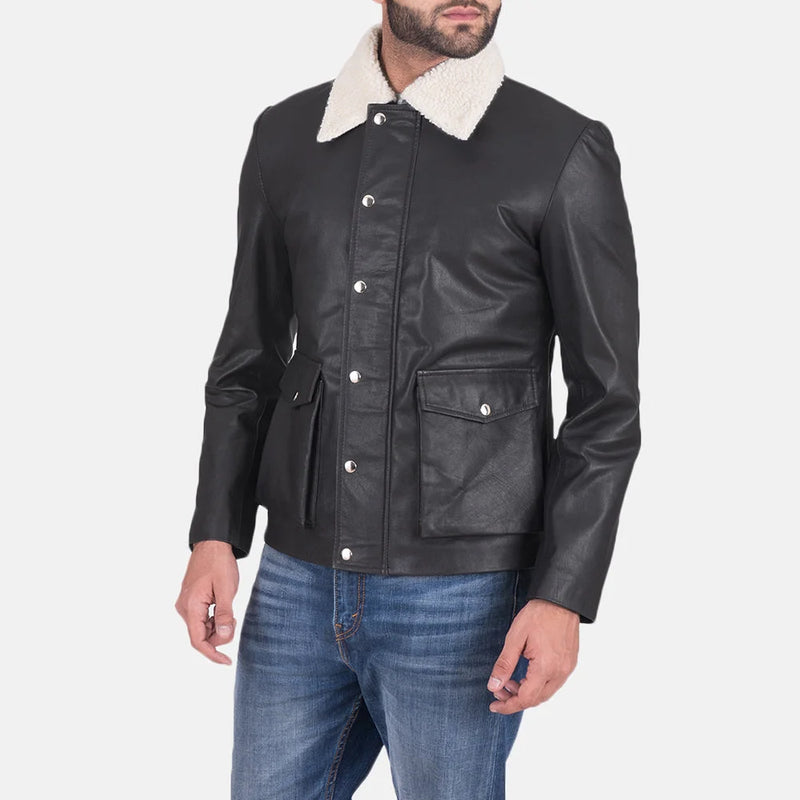 Stylish black leather jacket with shearling collar, perfect for staying warm and looking cool.