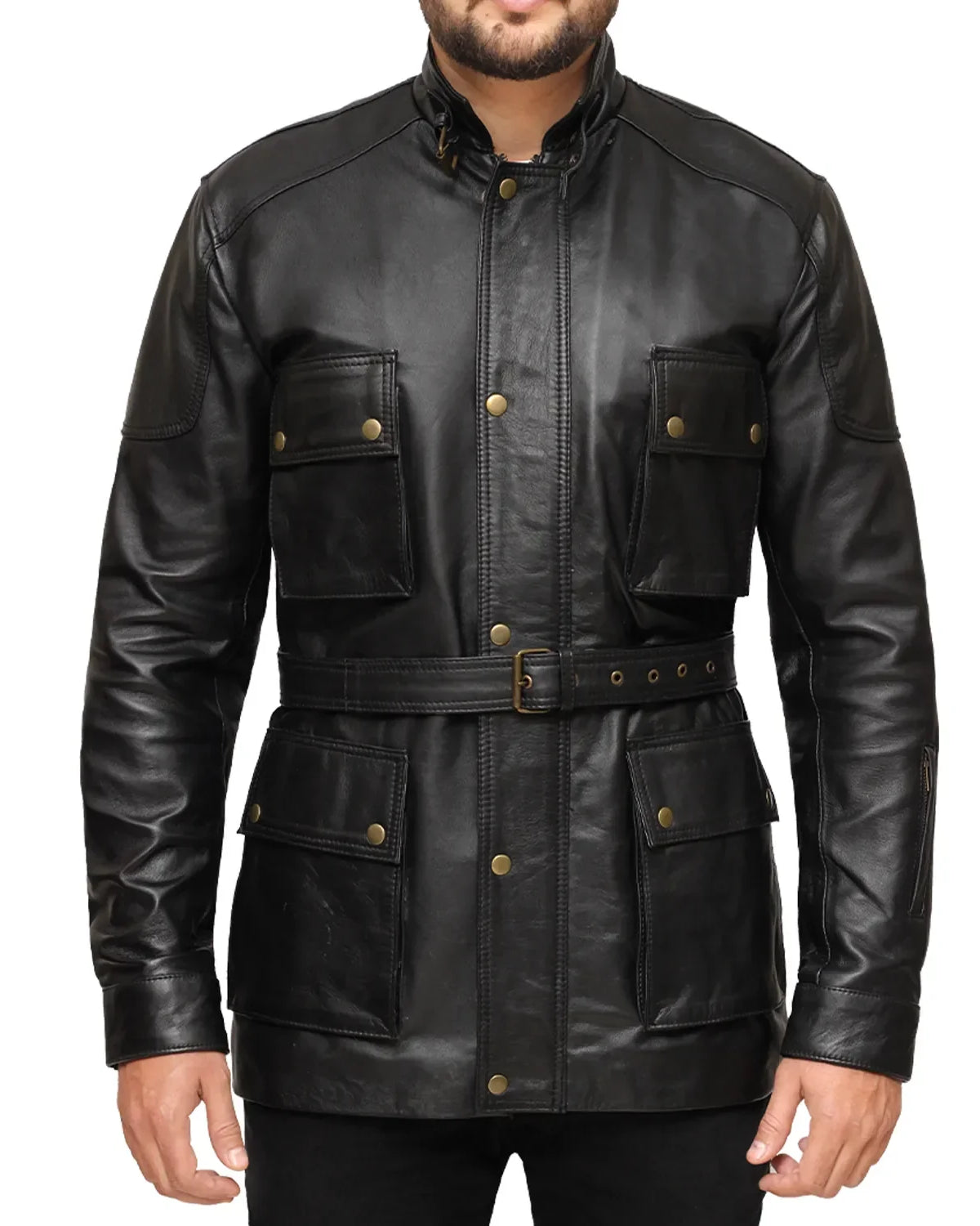 3/4 Length Black Leather Jacket Coat for men