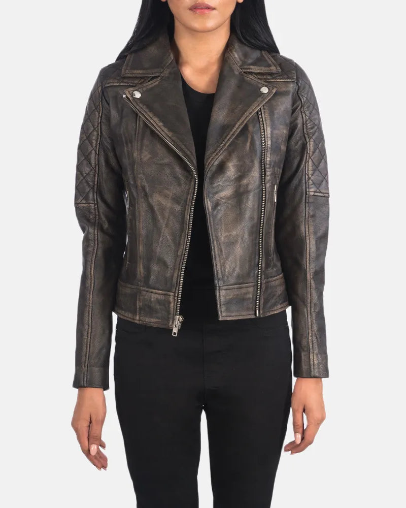 Ladies Biker Jacket: A chic dark brown leather jacket tailored for women, exuding a fashionable appeal.