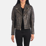 Ladies Biker Jacket: A chic dark brown leather jacket tailored for women, exuding a fashionable appeal.