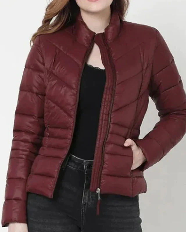 Womens Maroon Puffer Leather Jacket