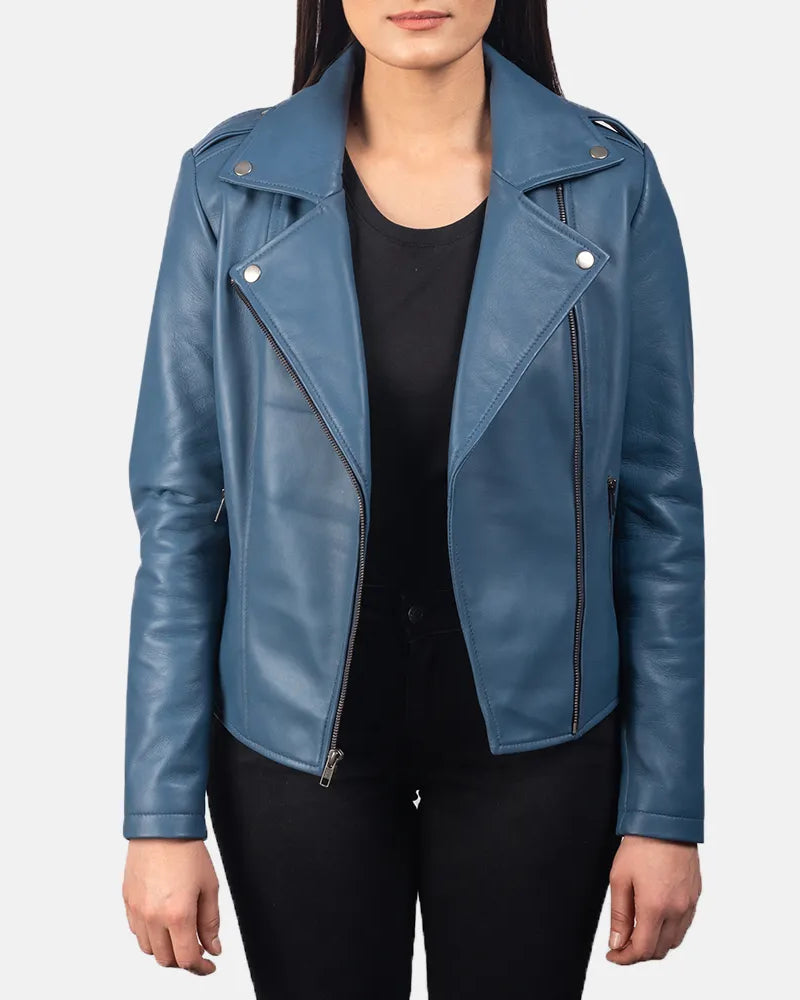 Stylish leather biker jacket blue, perfect for adding a pop of color to your outfit.