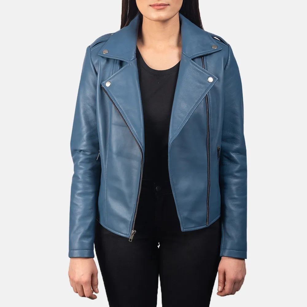 Stylish leather biker jacket blue, perfect for adding a pop of color to your outfit.