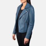 Stylish leather biker jacket blue, perfect for adding a pop of color to your outfit.