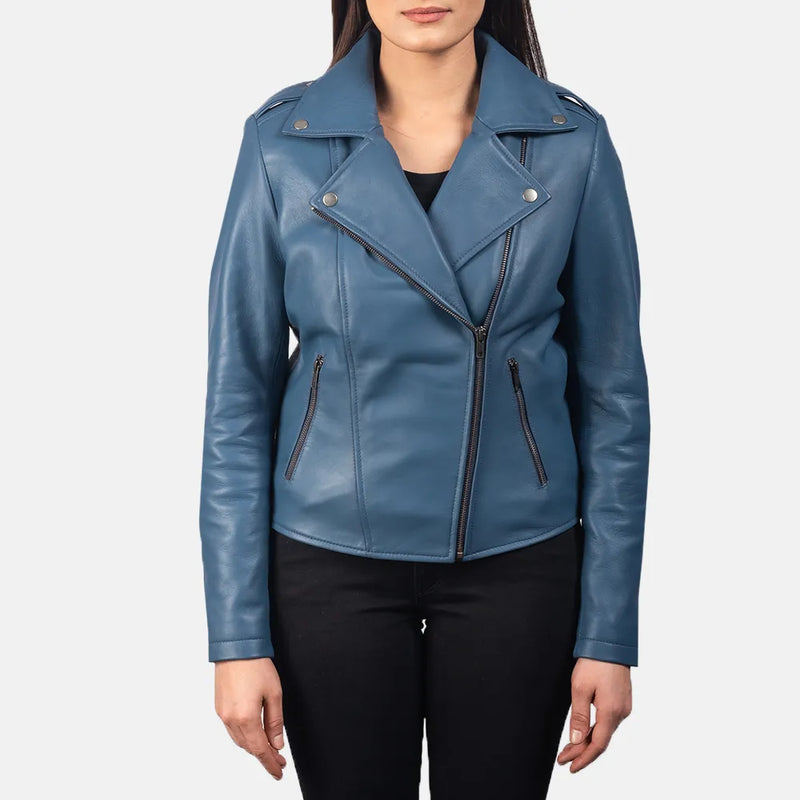 Stylish leather biker jacket blue, perfect for adding a pop of color to your outfit.