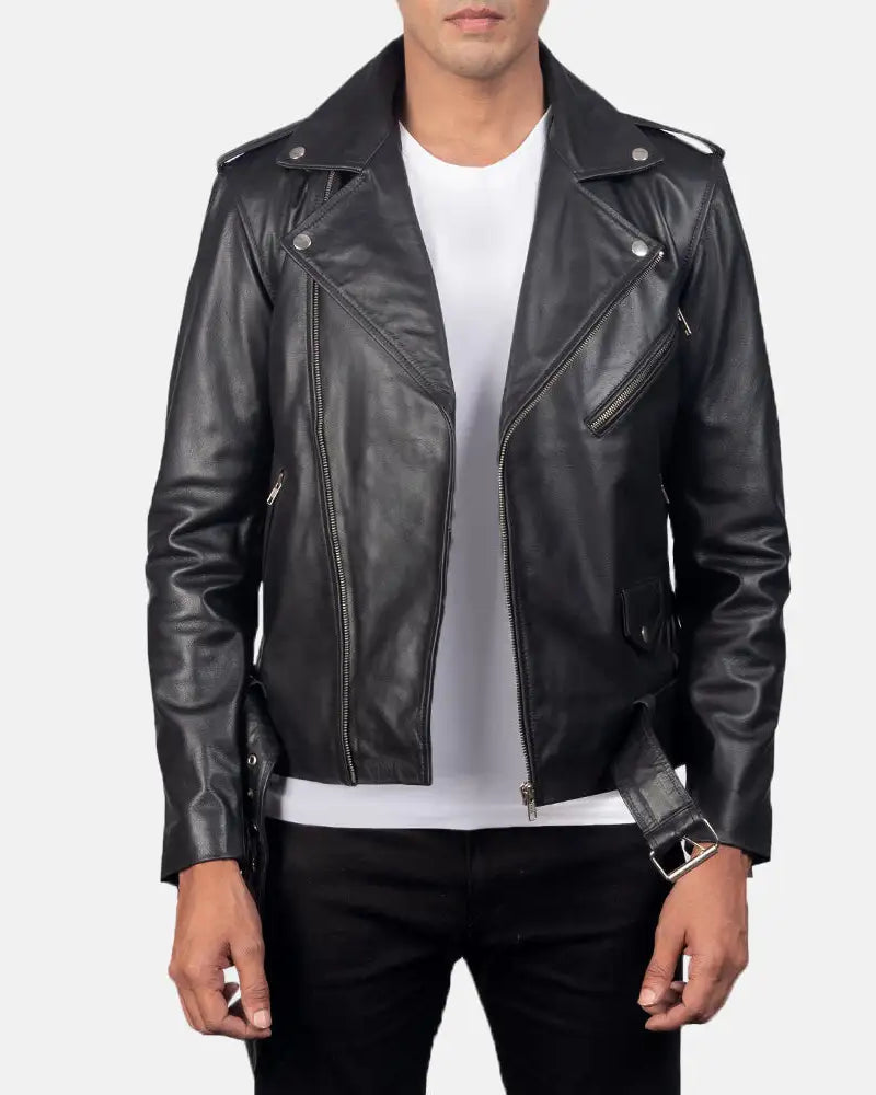 A sleek black leather Biker Jacket, crafted from genuine leather, exudes timeless style and rugged elegance.