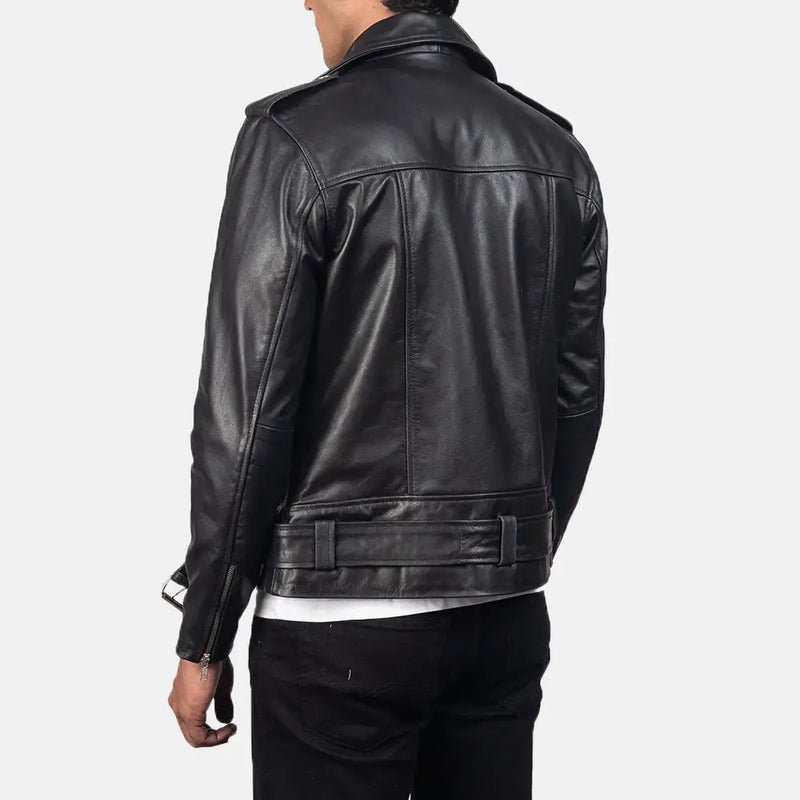 A sleek black leather Biker Jacket, crafted from genuine leather, exudes timeless style and rugged elegance.