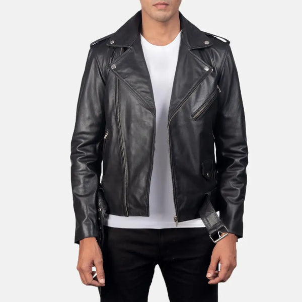 A sleek black leather Biker Jacket, crafted from genuine leather, exudes timeless style and rugged elegance.