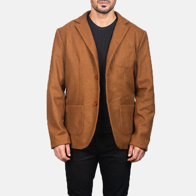 Stylish wool leather blazer jacket in brown, perfect for any occasion.