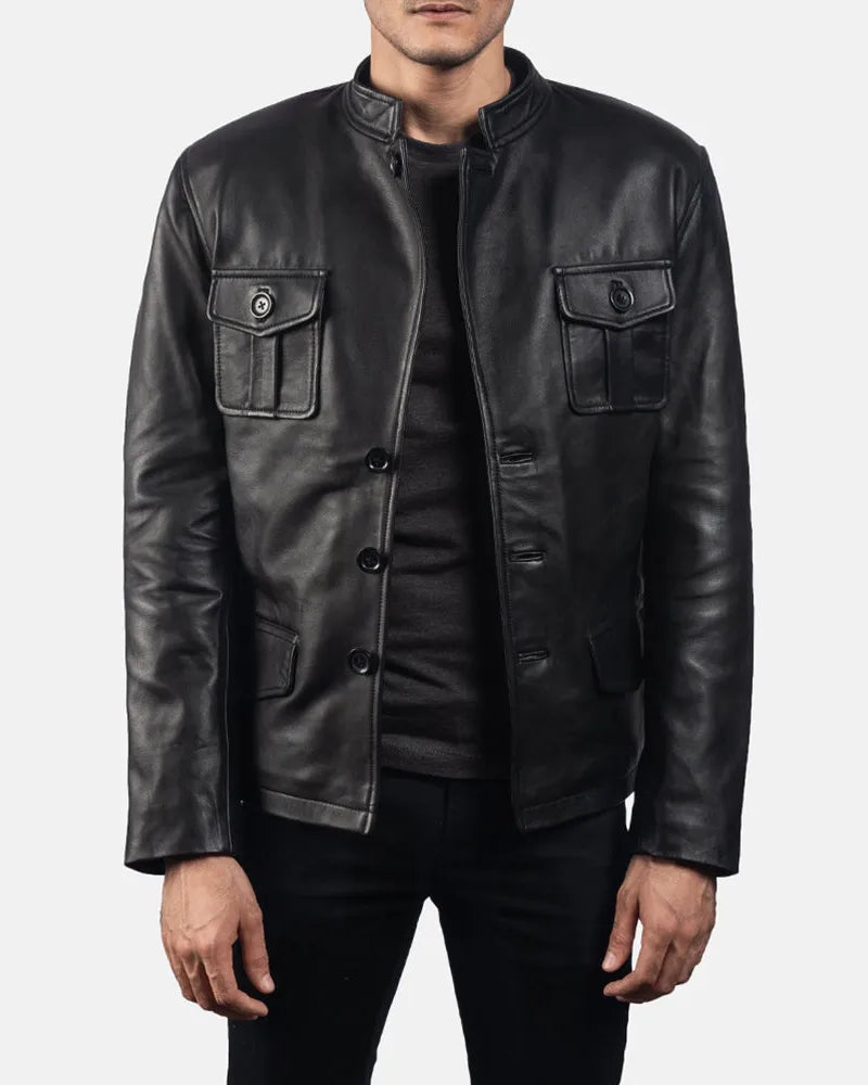 Sleek black leather blazer for men, made from genuine leather.