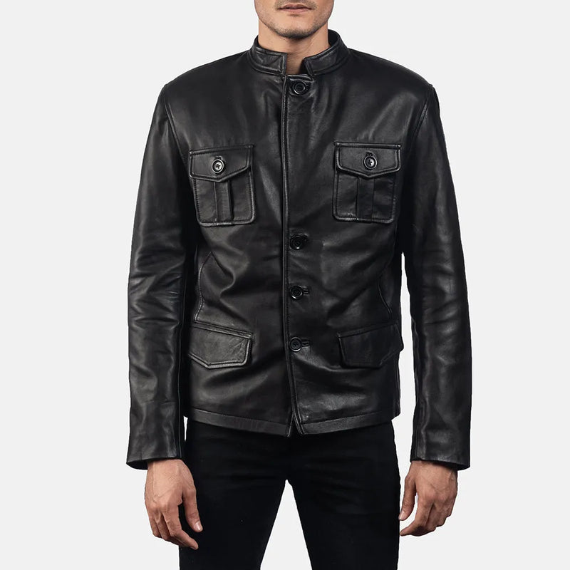 Sleek black leather blazer for men, made from genuine leather.