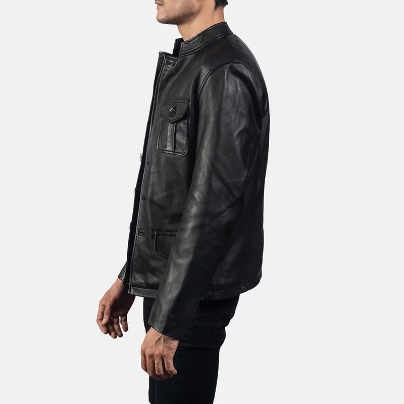 Sleek black leather blazer for men, made from genuine leather.