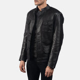 Sleek black leather blazer for men, made from genuine leather.