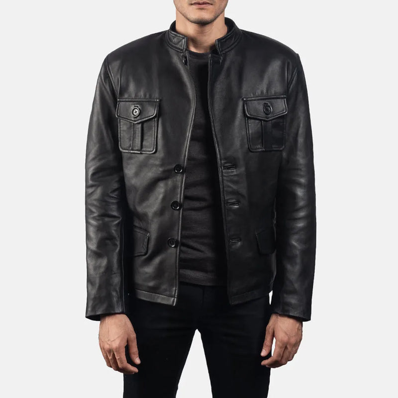 Sleek black leather blazer for men, made from genuine leather.