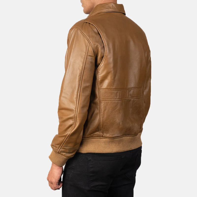 Men's leather bomber coat in rich brown color, a timeless fashion piece