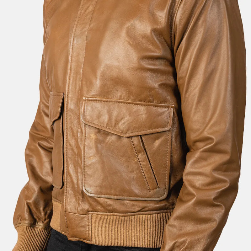 Men's leather bomber coat in rich brown color, a timeless fashion piece