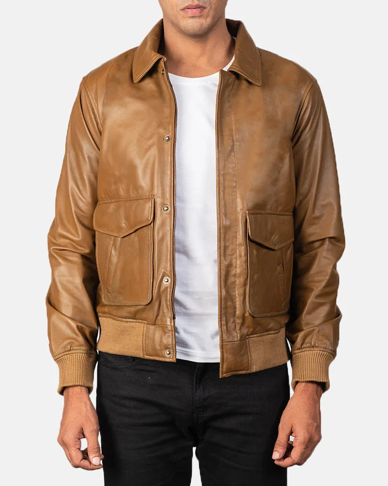 Men's leather bomber coat in rich brown color, a timeless fashion piece