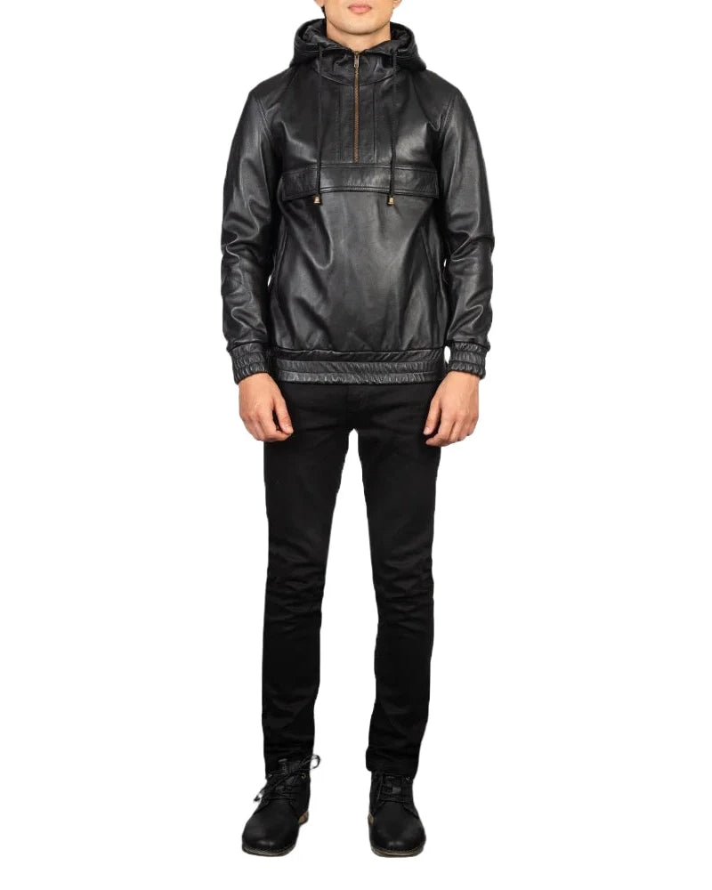 A stylish black men's leather bomber jacket with a hood, perfect for any occasion. 