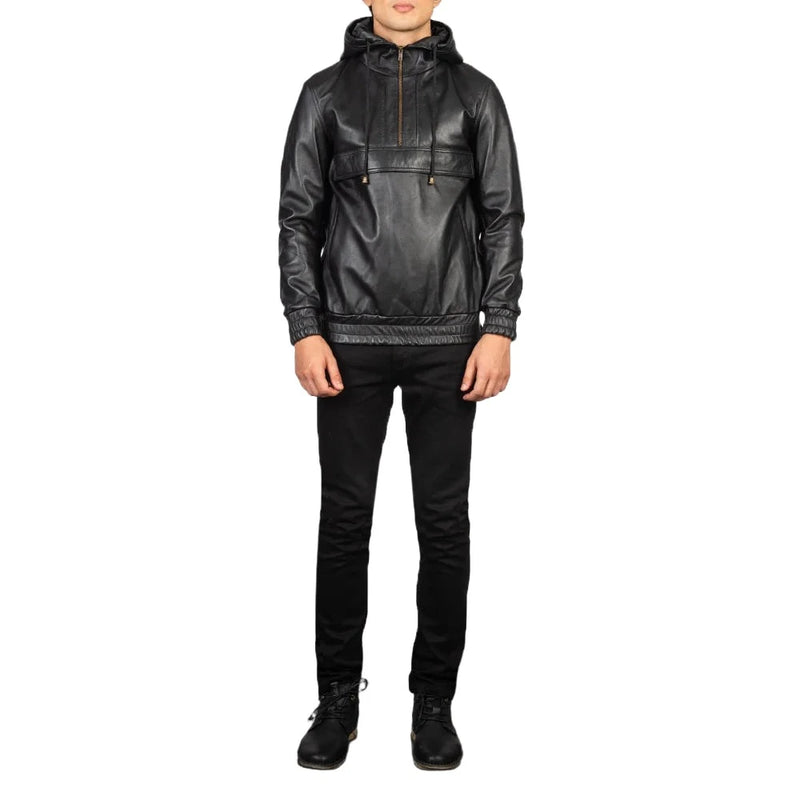 A stylish black men's leather bomber jacket with a hood, perfect for any occasion. 