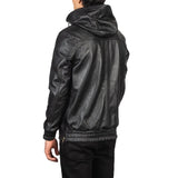 A stylish black men's leather bomber jacket with a hood, perfect for any occasion. 