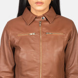 A stylish leather jacket brown for women, crafted from genuine leather, exuding elegance and sophistication.