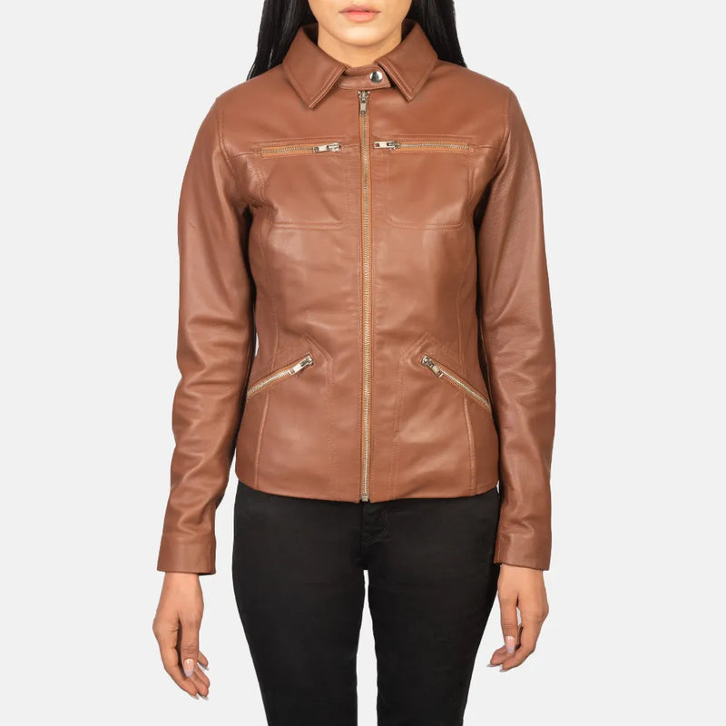 A stylish leather jacket brown for women, crafted from genuine leather, exuding elegance and sophistication.