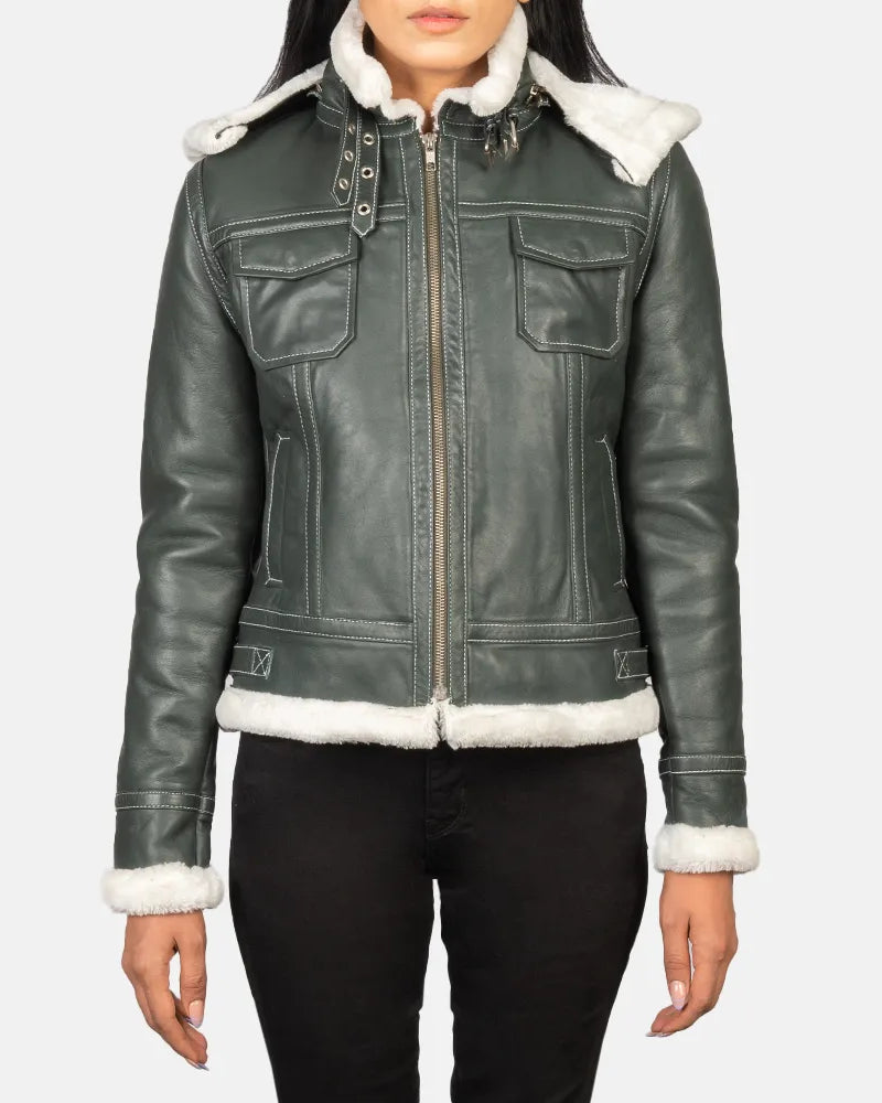 A stylish women's leather jacket dark green made from shearling, offering warmth and comfort.