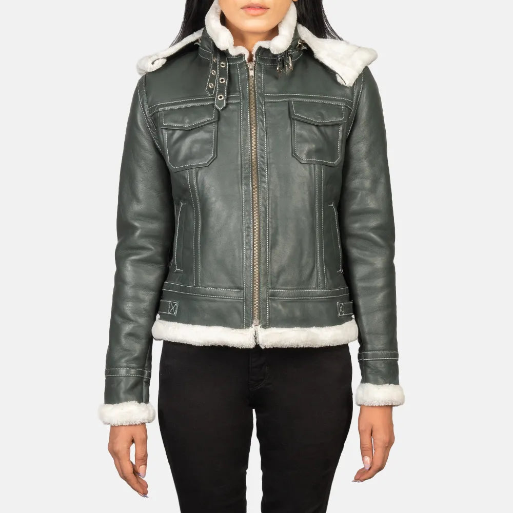 A stylish women's leather jacket dark green made from shearling, offering warmth and comfort.