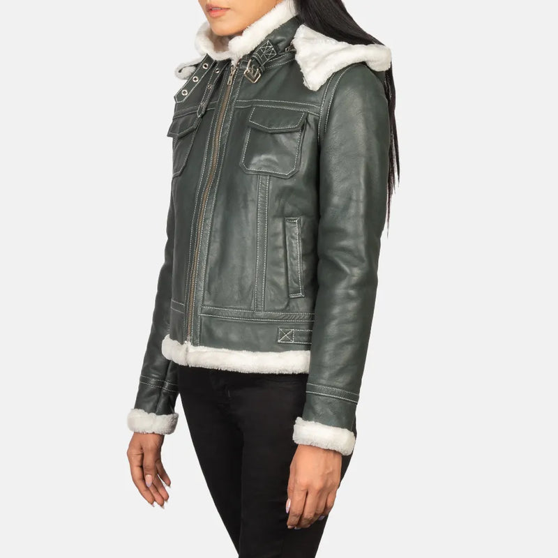 A stylish women's leather jacket dark green made from shearling, offering warmth and comfort.