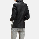 A chic black leather jacket for women featuring sleek zippers on the sleeves. Ideal for adding a touch of edgy sophistication to any ensemble.