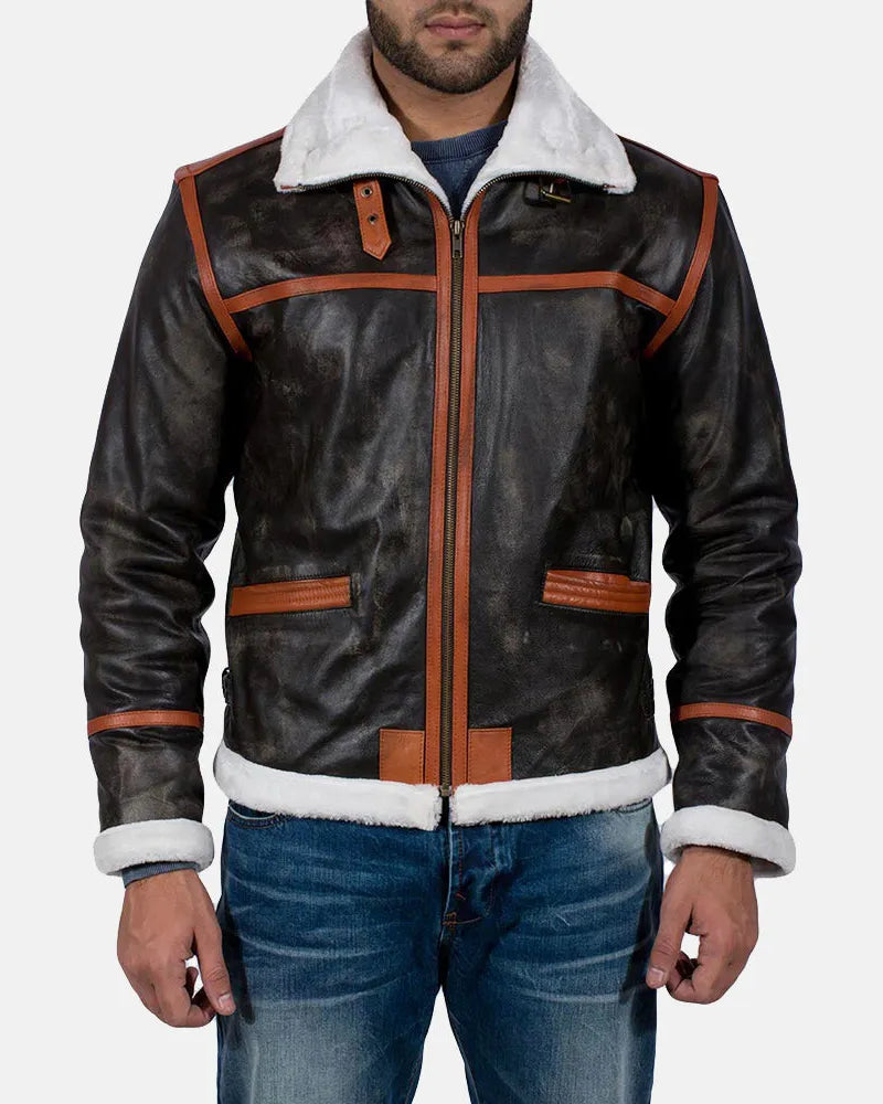 Brown Fur Leather Jacket Men's with High neck with Belt