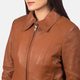 Genuine women's leather jacket with collar, perfect for a chic and trendy look.