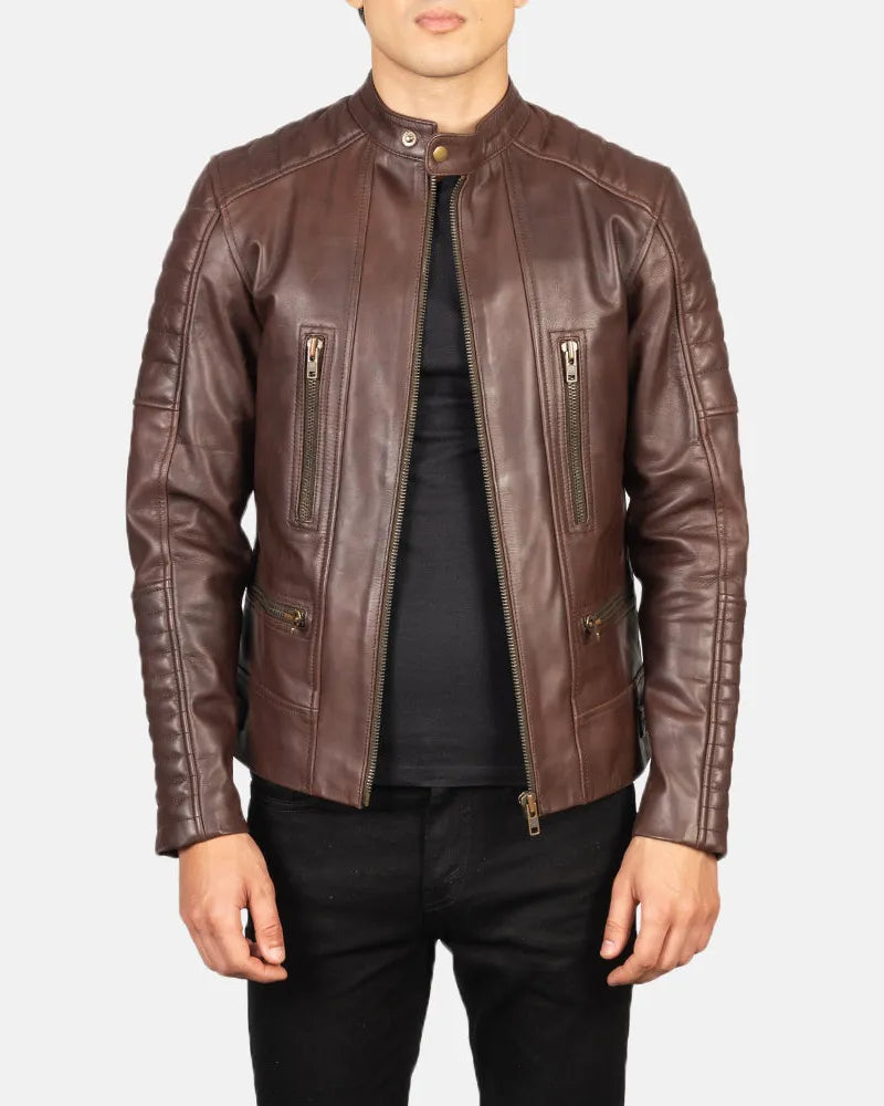 A stylish men's brown leather jacket made from leather. Perfect for a rugged and fashionable look. Get ready to rock the Leather Moto Jacket!