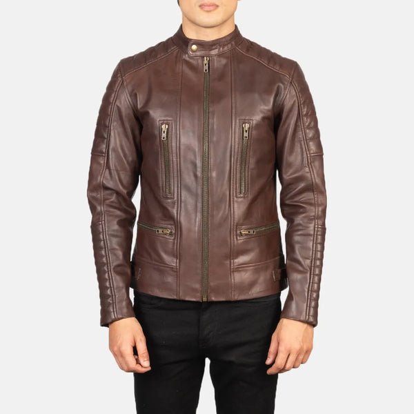 A stylish men's brown leather jacket made from leather. Perfect for a rugged and fashionable look. Get ready to rock the Leather Moto Jacket!