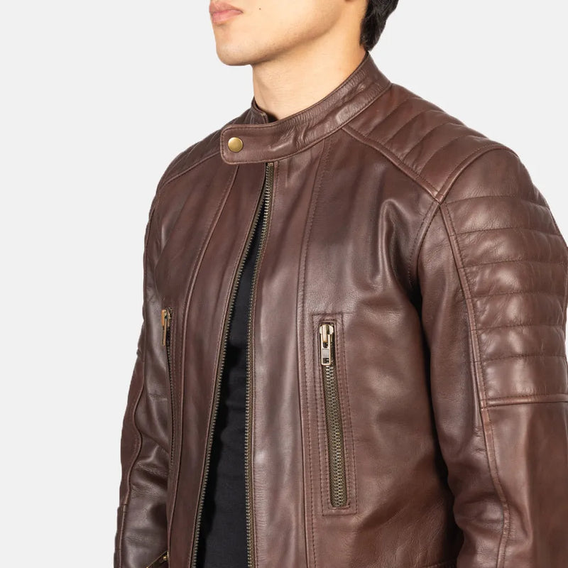A stylish men's brown leather jacket made from leather. Perfect for a rugged and fashionable look. Get ready to rock the Leather Moto Jacket!